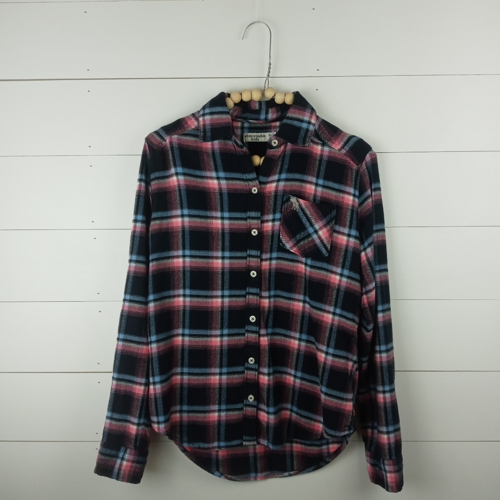 abercrombie kids girls 11-12 black pink white blue plaid flannel button down